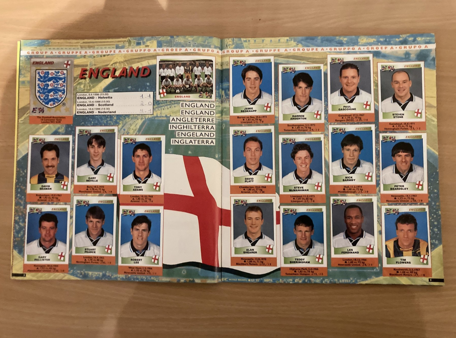 Open vintage Panini sticker album under warm lamp light